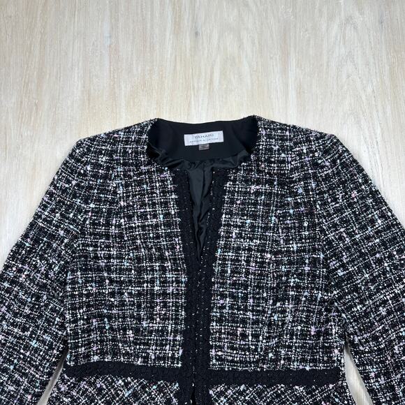 Tahari Black Multicolor Tweed Cropped Elegant Work Open Front Blazer Jacket 12 - Picture 2 of 14